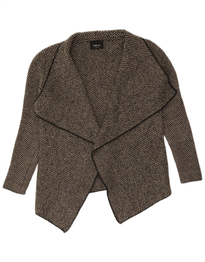 Zara Mujer Suéter Cárdigan Abierto Asimétrico UK 10 Small Grey Herringbone