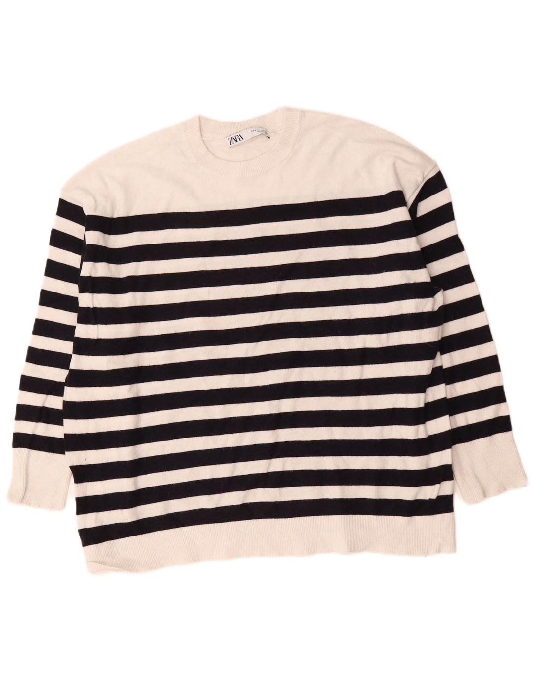 Zara Jersey oversize con cuello redondo para mujer, talla 40, talla mediana, color blanco a rayas