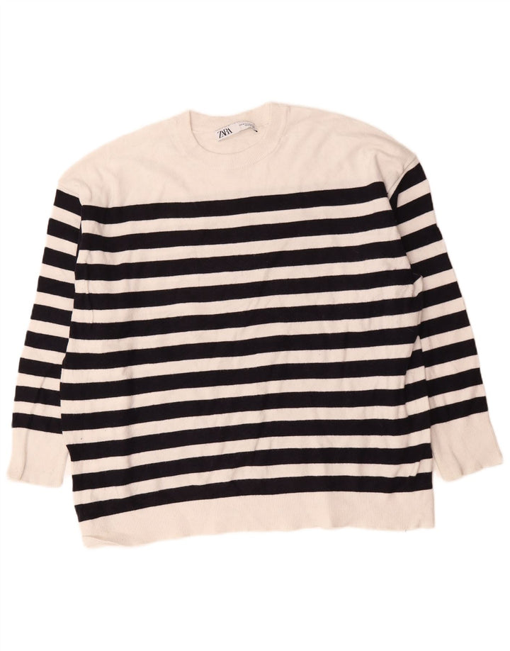 Zara Jersey oversize con cuello redondo para mujer, talla 40, talla mediana, color blanco a rayas