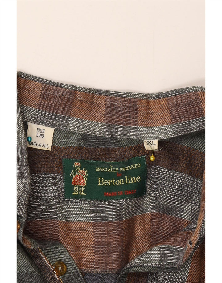 Vintage hombres manga corta pullover camisa XL multicolor check lino