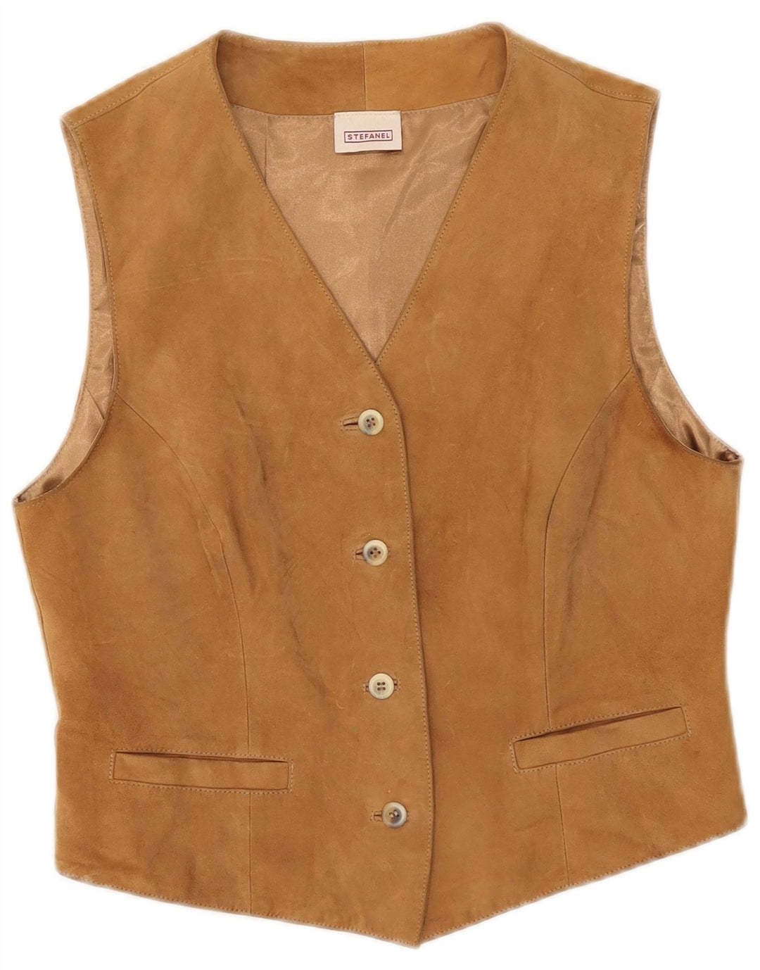 Stefanel Chaleco de ante para mujer UK 42 Cuero beige medio