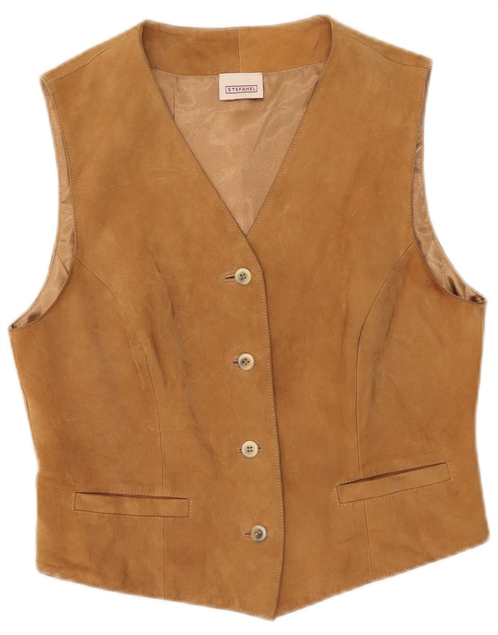 Stefanel Chaleco de ante para mujer UK 42 Cuero beige medio