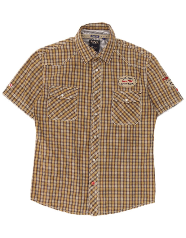 Rifle Camisa estampada de manga corta para hombre Algodón a cuadros amarillo medio
