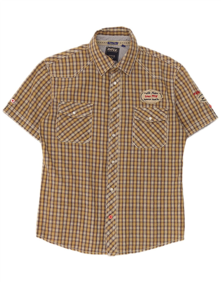 Rifle Camisa estampada de manga corta para hombre Algodón a cuadros amarillo medio