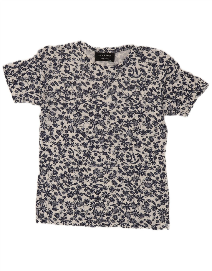 Zara Hombre Camiseta Top Medium Blanco Floral Lino