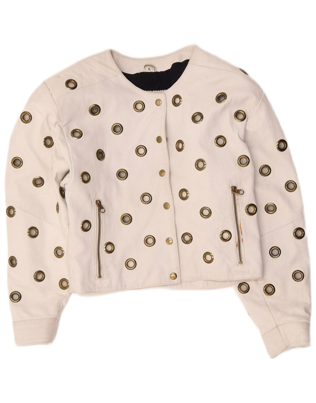 Vintage mujer crop cuero chaqueta Reino Unido 10 pequeño cuero blanco