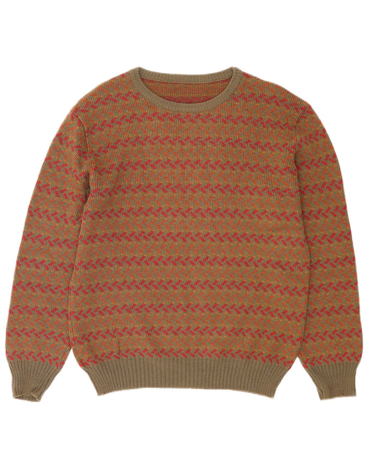 Vintage hombres cuello redondo jersey suéter medio caqui lana geométrica