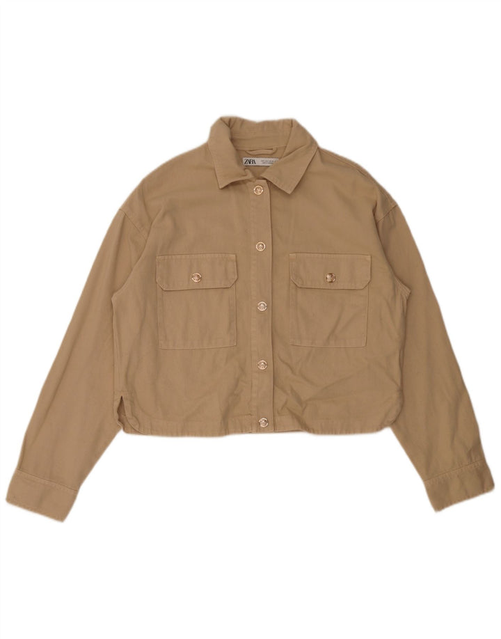 Zara Mujer Crop Chaqueta Bomber Extragrande UK 10 Small Beige Algodón
