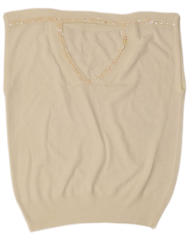 Vintage mujer chaleco camiseta sin mangas Reino Unido 14 medio blanco apagado