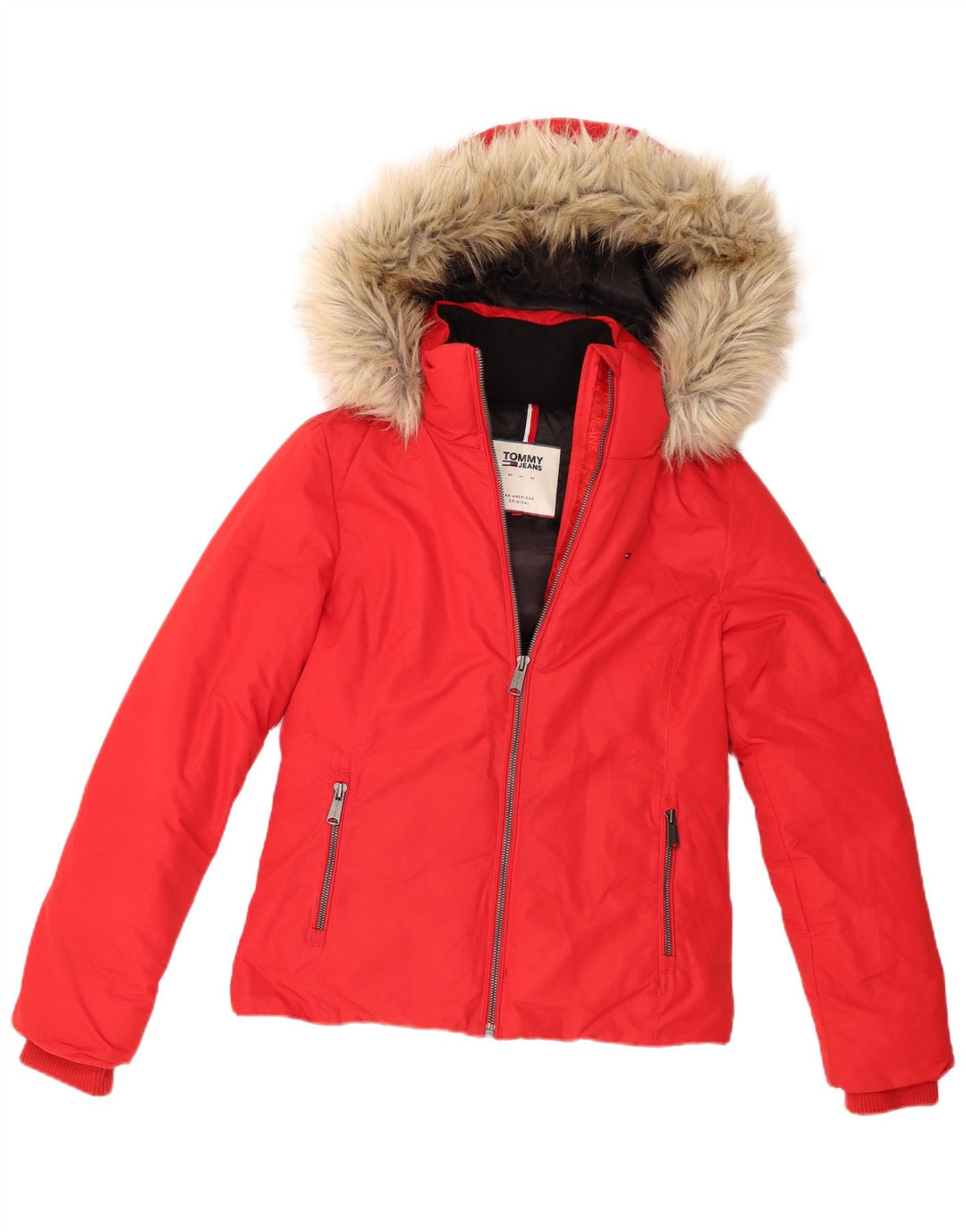 Tommy Hilfiger Chaqueta acolchada con capucha para mujer UK 10 Small Poliéster rojo