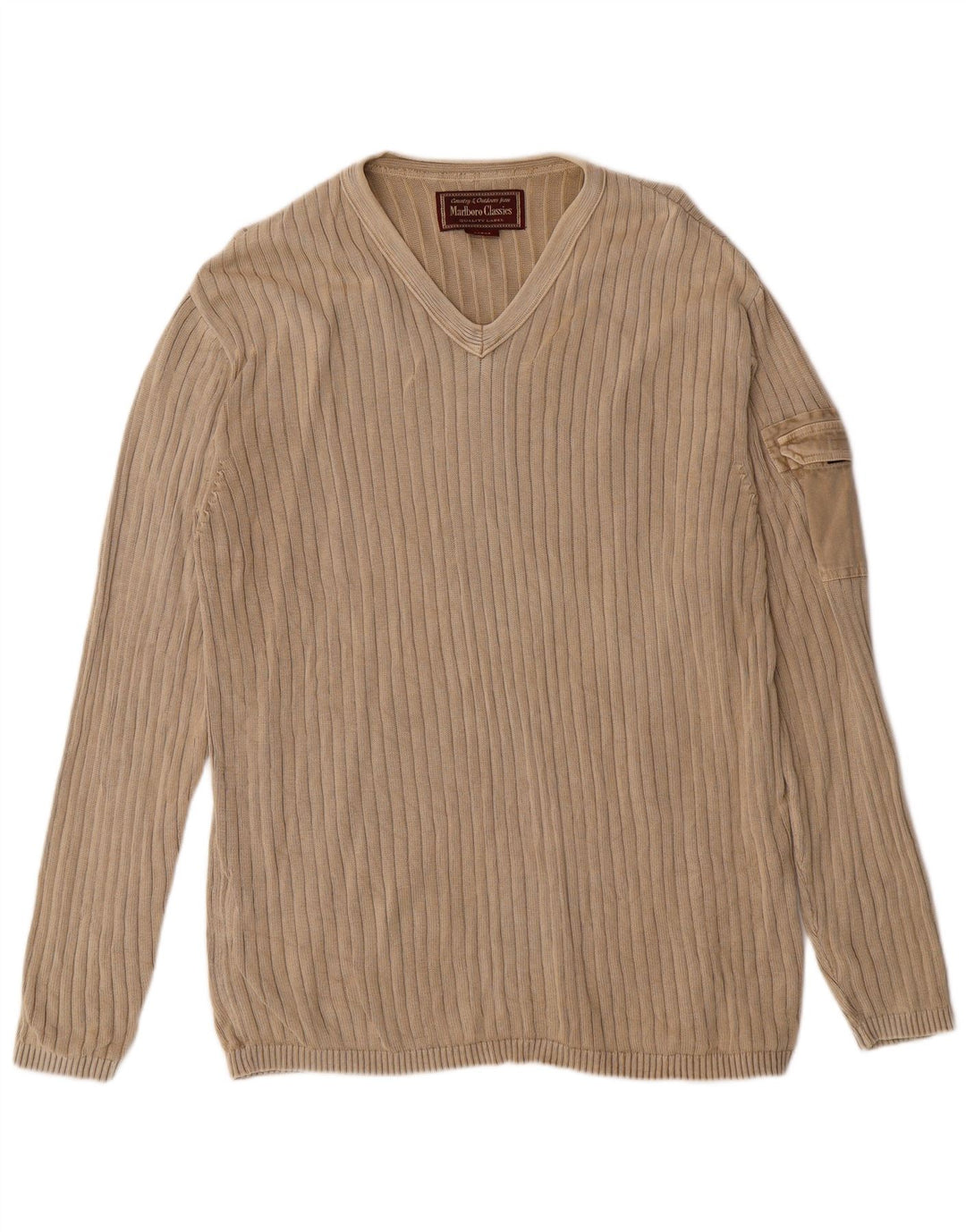 Marlboro Classics - Jersey con cuello en V para hombre, talla grande, algodón beige, clásico