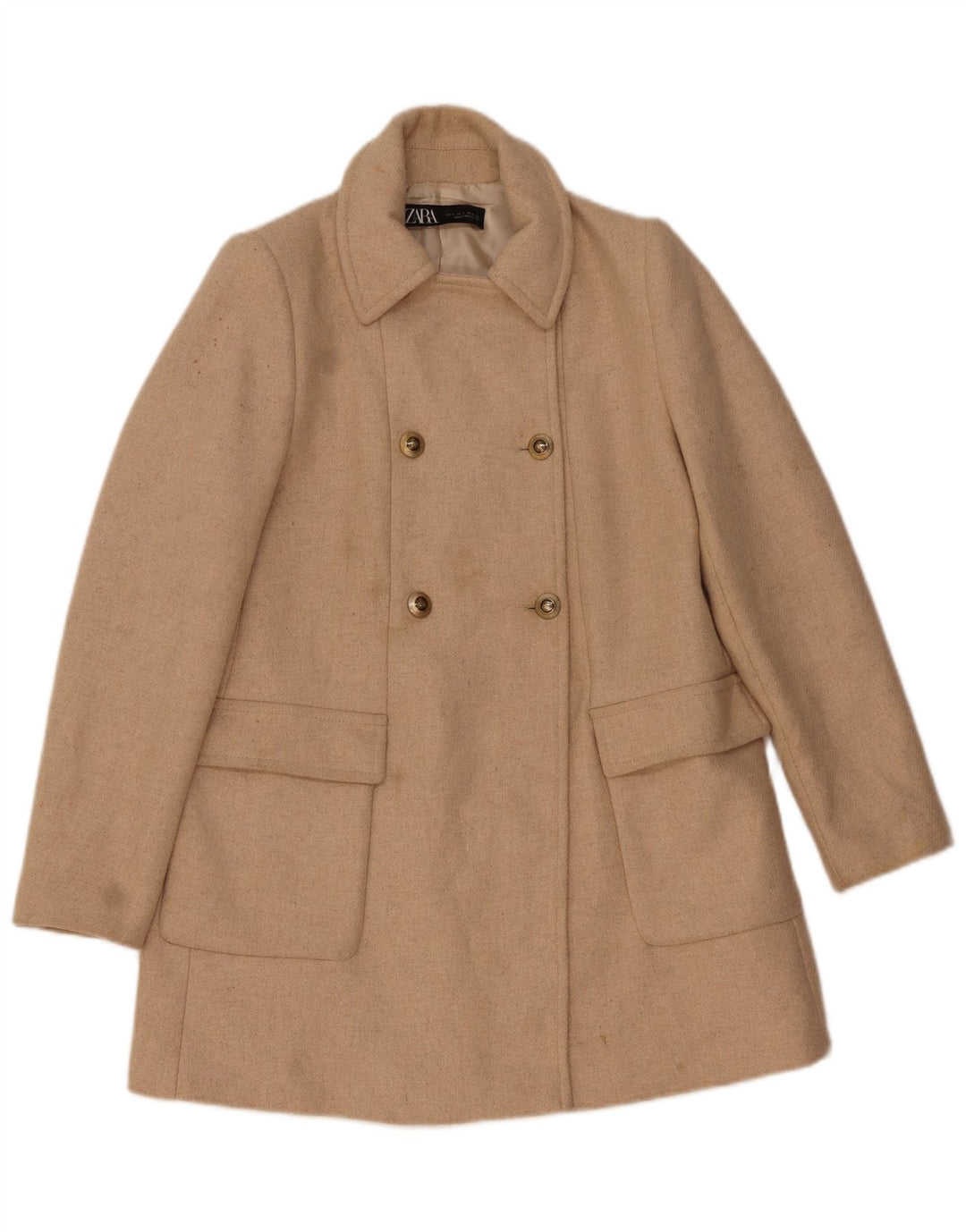 Zara Mujer Abrigo De Doble Botonadura UK 10 Small Beige Herringbone Wool