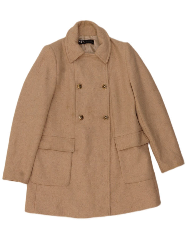 Zara Mujer Abrigo De Doble Botonadura UK 10 Small Beige Herringbone Wool