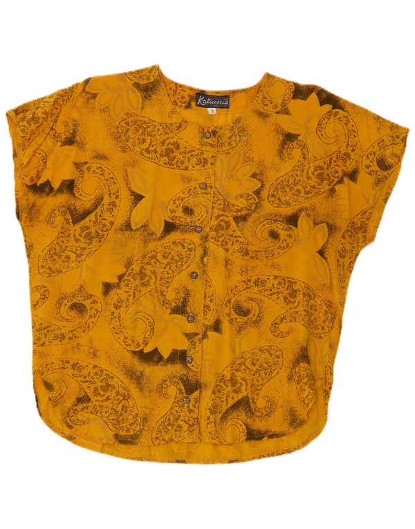 Vintage mujer camisa de manga corta blusa Reino Unido 10 pequeño amarillo Paisley