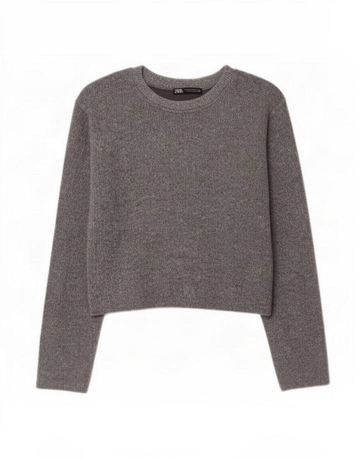 Zara Mujer Crop Top Manga Larga UK 10 Small Gris Poliéster