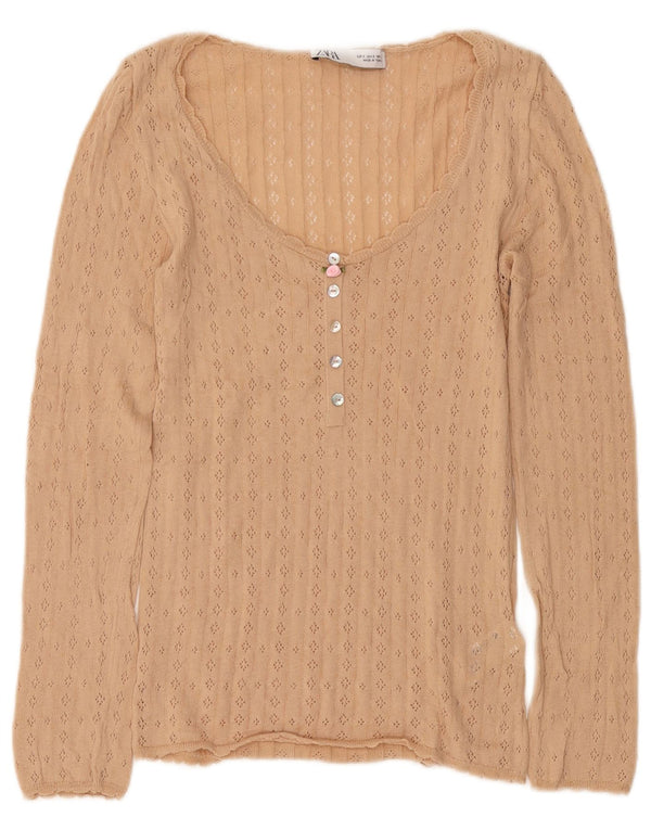 Zara Mujer Top Manga Larga UK 10 Small Algodón Beige