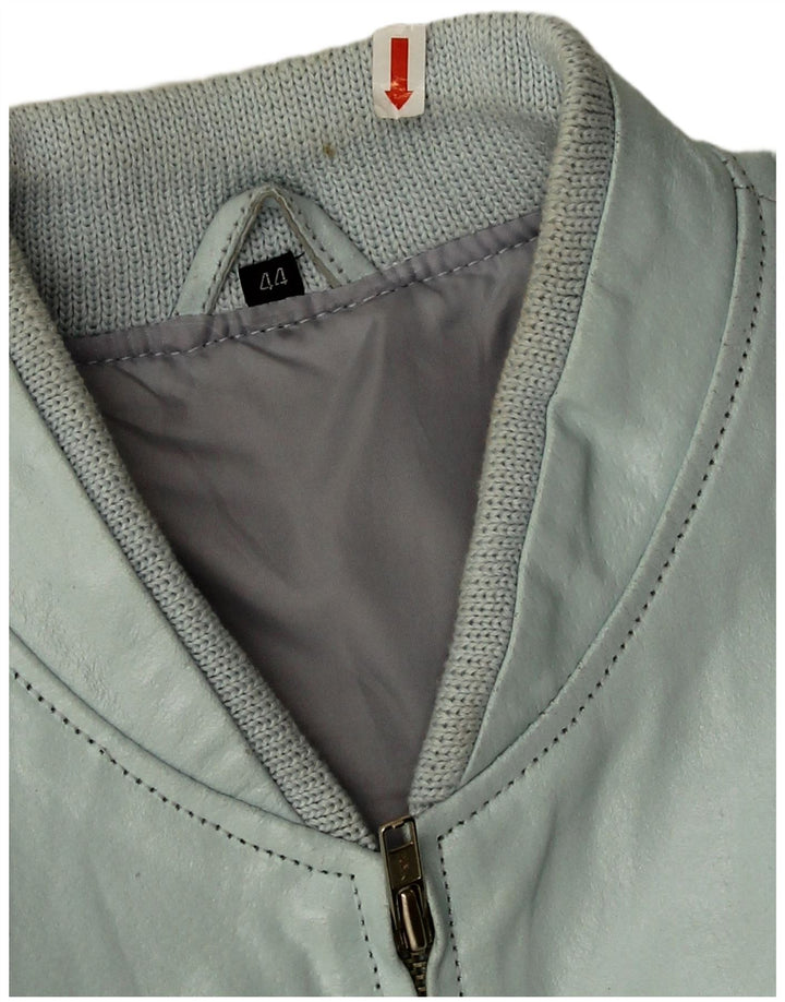 Vintage mujer crop faux cuero bomber chaqueta IT 44 azul medio