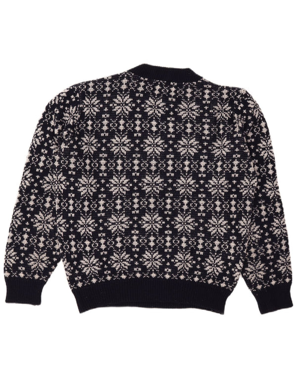 Vintage hombres cuello redondo jersey suéter grande azul marino Fair Isle