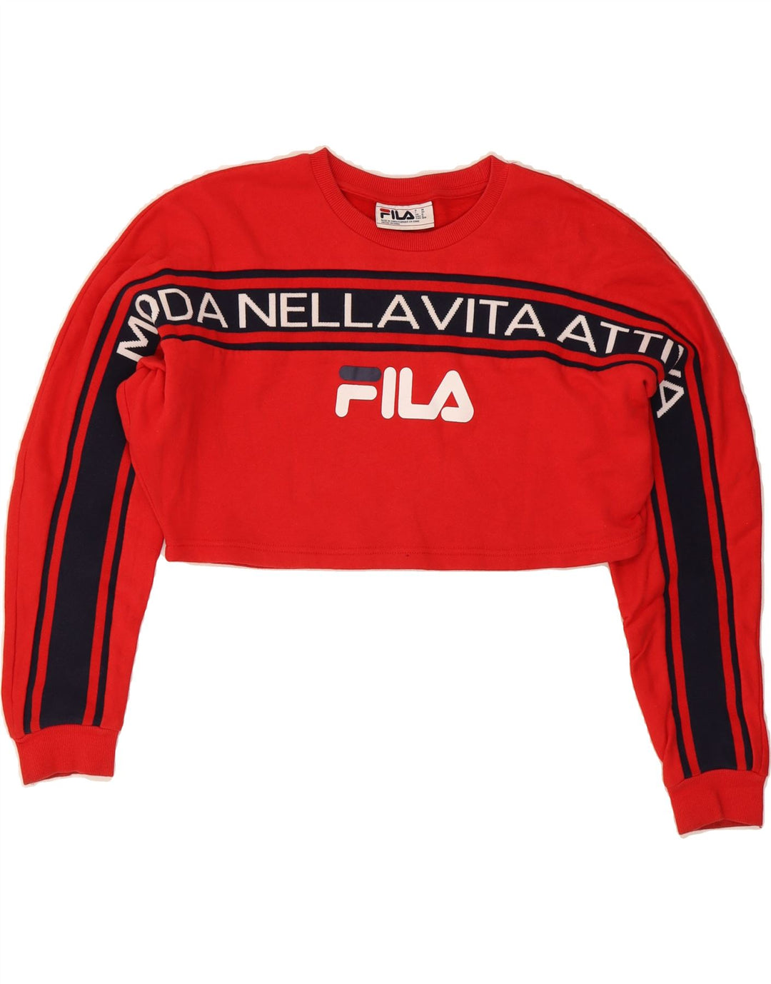 FILA Womens Crop Graphic Sweatshirt Jumper UK 14 Medium Red Cotton Vintage Fila and Second-Hand Fila from Messina Hembry 