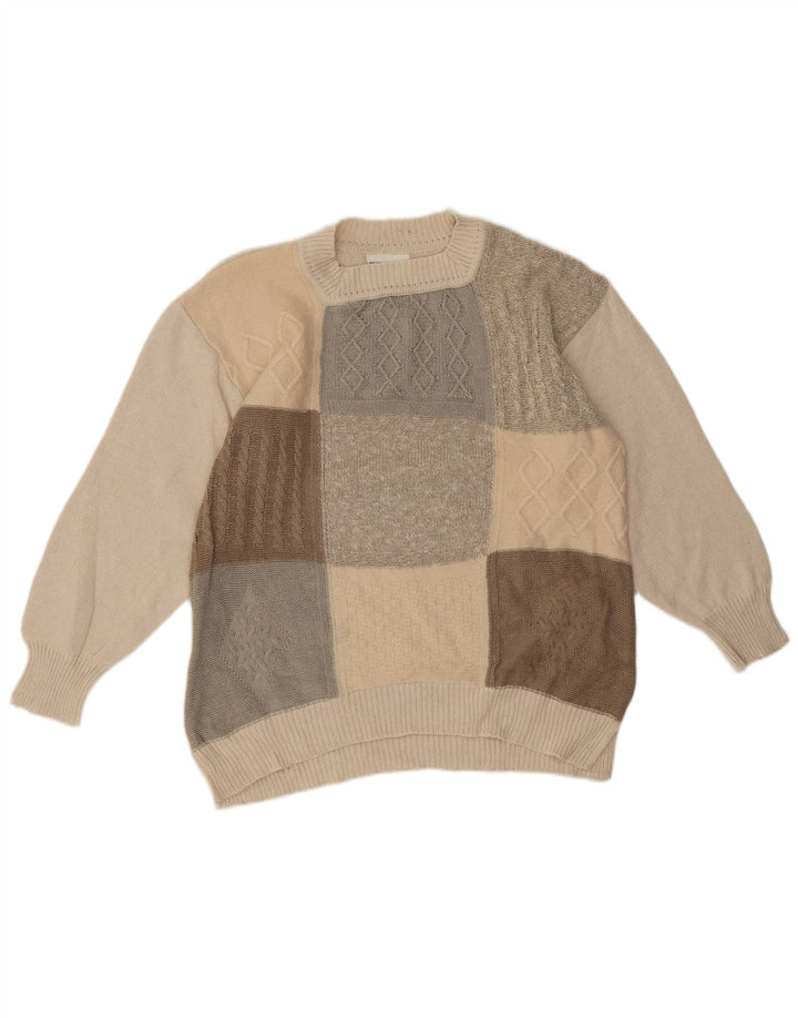 Vintage mujer cuello redondo jersey suéter EU 42 gran patchwork beige