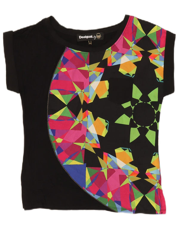 Desigual Mujer Camiseta Top UK 12 Medium Negro Geométrico