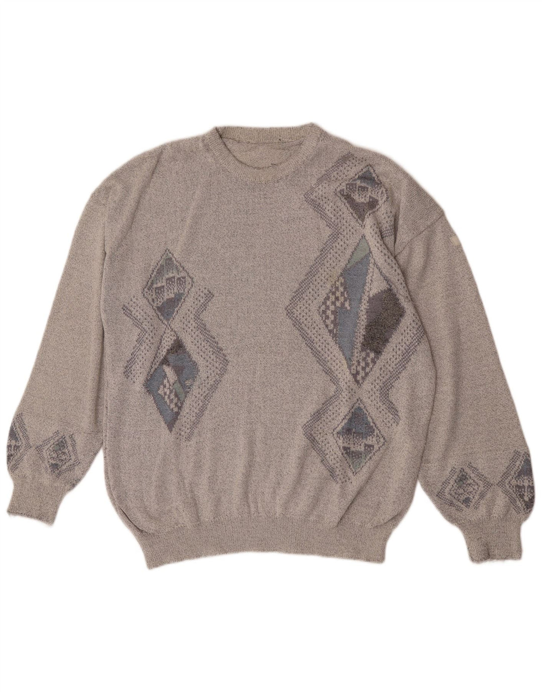 Vintage hombres Regular Fit Crew Neck Jumper Suéter Grande Gris Argyle/Diamond