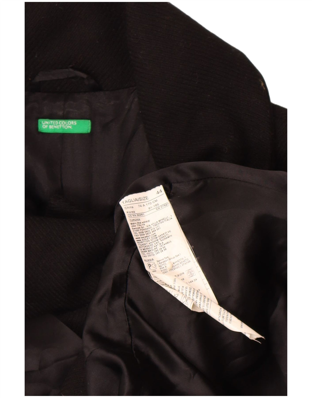 Benetton Abrigo Cruzado IT 44 Mediano Lana Virgen Negro