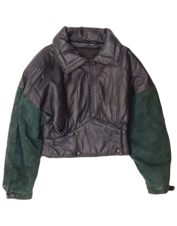 VINTAGE Chaqueta de cuero crop para mujer Reino Unido 6 XS Azul marino