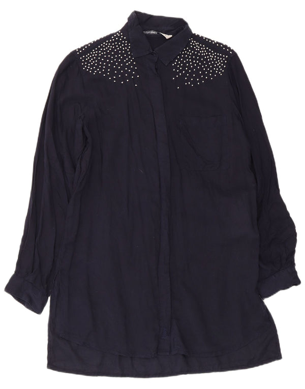 Zara Mujer Vestido Camisero De Manga Larga UK 6 XS Azul Marino Lyocell