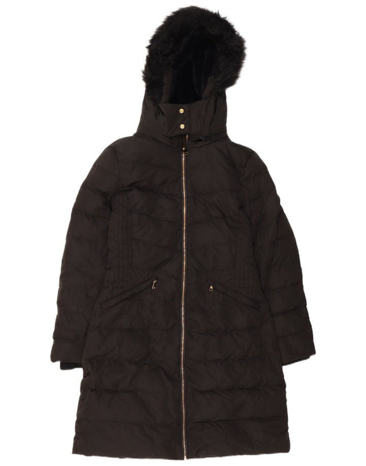 Zara Mujer Abrigo Acolchado Con Capucha UK 44 Medio Negro Poliéster