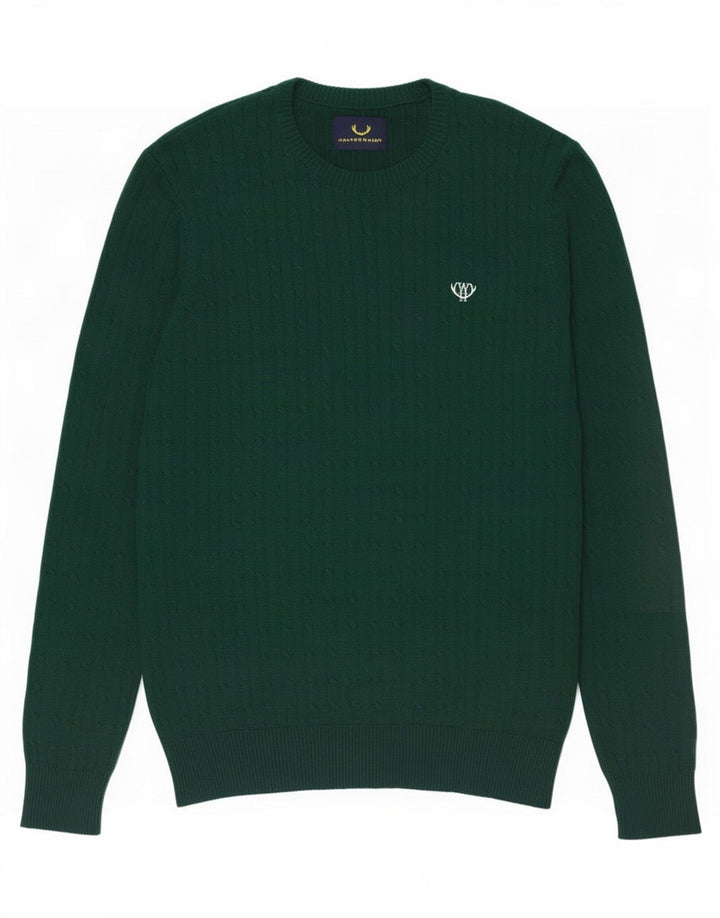 Vintage hombres cuello redondo jersey suéter medio verde algodón