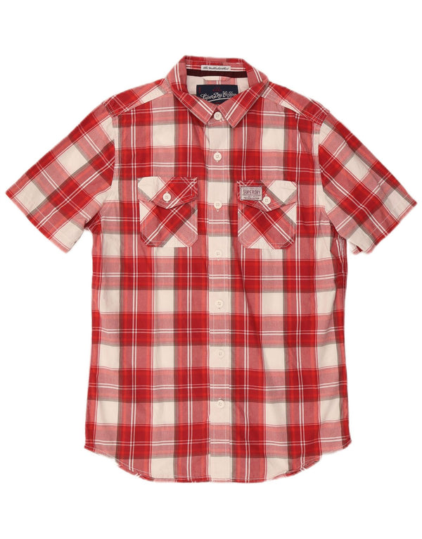 SUPERDRY Camisa de manga corta para hombre de algodón a cuadros rojos grandes