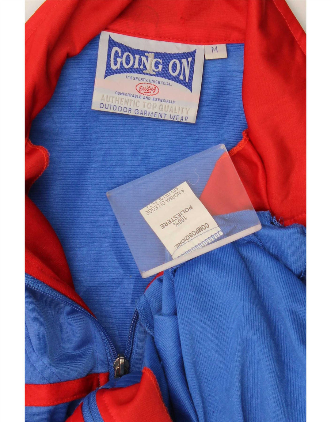 Vintage hombres gráfico chándal top chaqueta medio azul colorblock poliéster