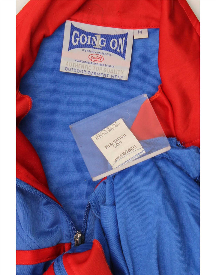 Vintage hombres gráfico chándal top chaqueta medio azul colorblock poliéster