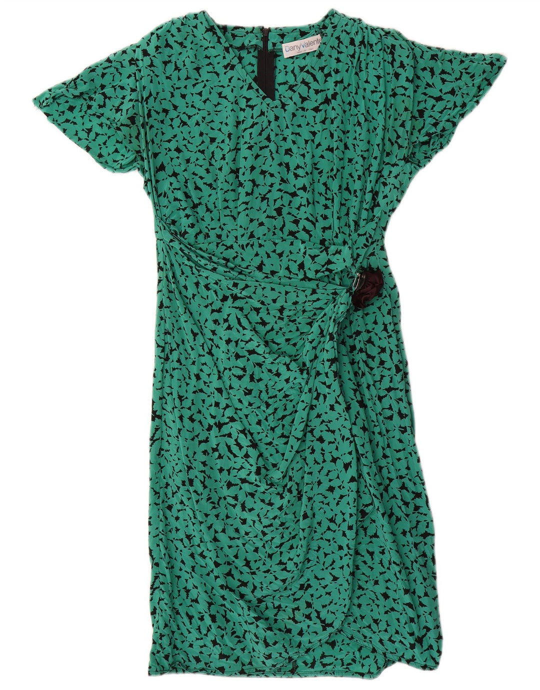 Vintage mujer patrón abstracto A-Line vestido Reino Unido 16 seda verde grande