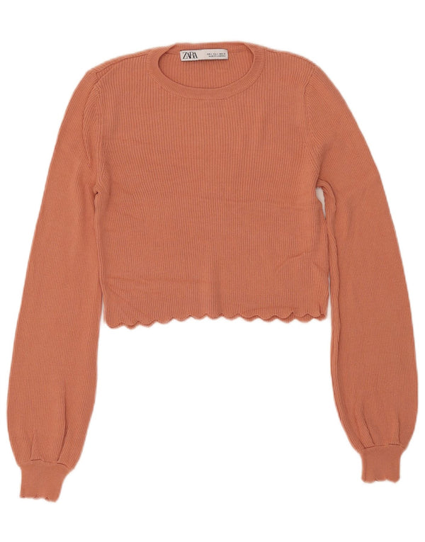 Zara Mujer Cuello Redondo Jersey Jersey UK 8 Small Naranja Viscosa