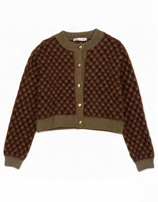 Zara Mujer Crop Cardigan Suéter Reino Unido 10 Pequeño Caqui Geométrico Acrílico
