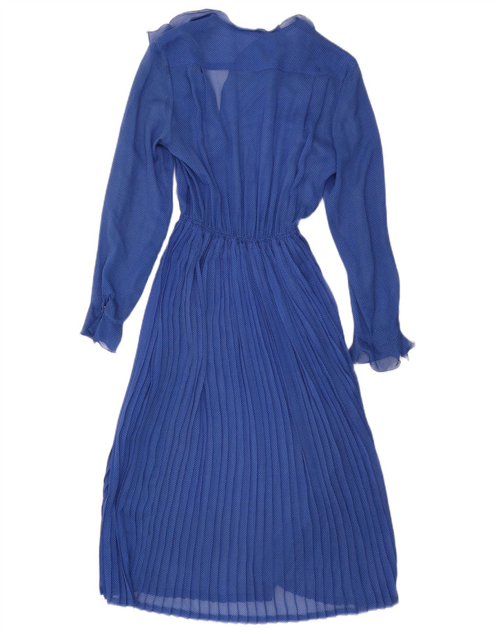 Vintage mujer manga larga Maxi vestido Reino Unido 12 azul medio manchado