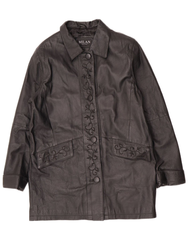 Vintage mujer cuero abrigo US 12 cuero floral negro grande