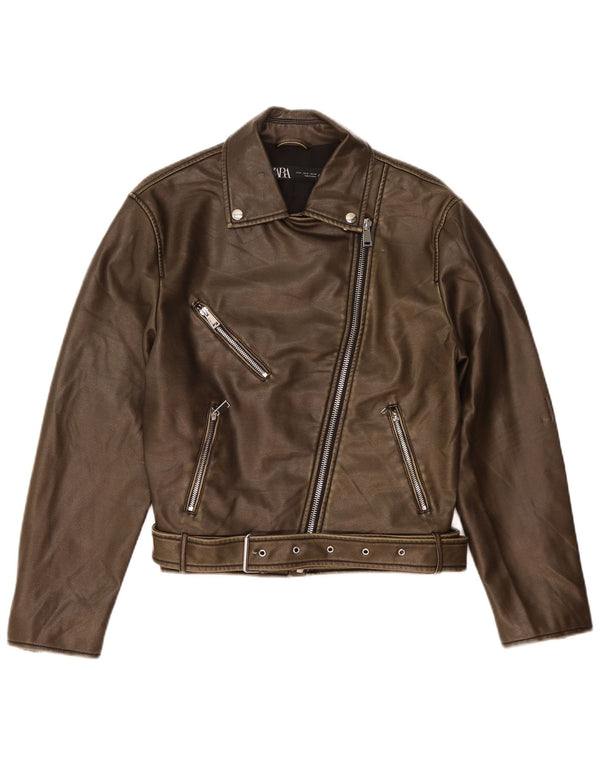 Zara Mujer Chaqueta Motera De Piel Sintética UK 44 Polietileno Marrón Medio
