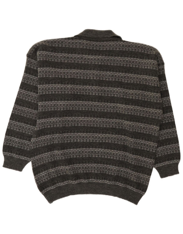 Vintage hombres polo cuello jersey suéter grande gris rayas