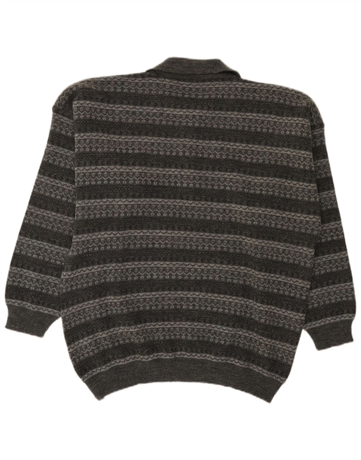 Vintage hombres polo cuello jersey suéter grande gris rayas
