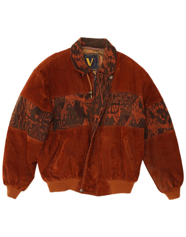 Vintage hombres imitación cuero bomber chaqueta Reino Unido 42 XL marrón geométrico PVC
