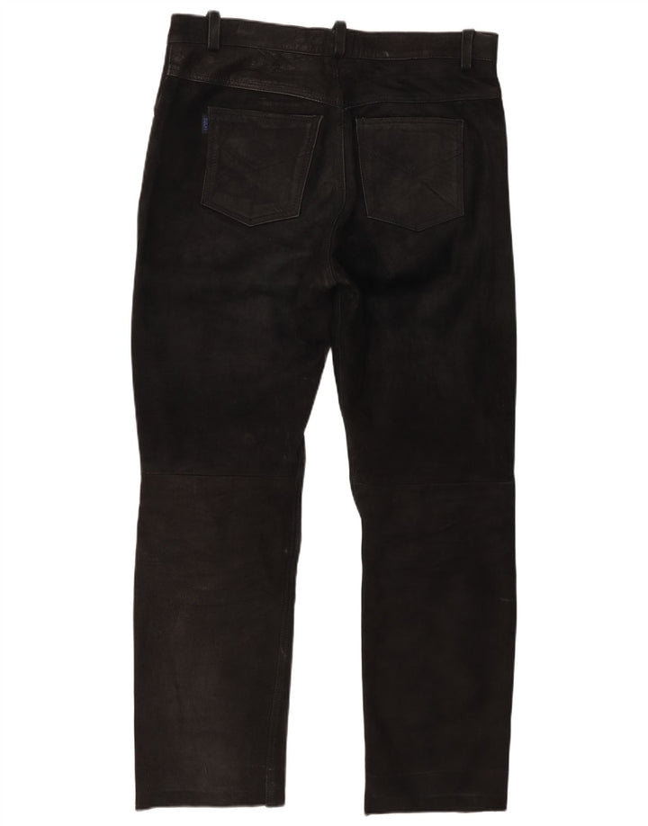 Pantalones de cuero rectos vintage para hombre W37 L30 Negro