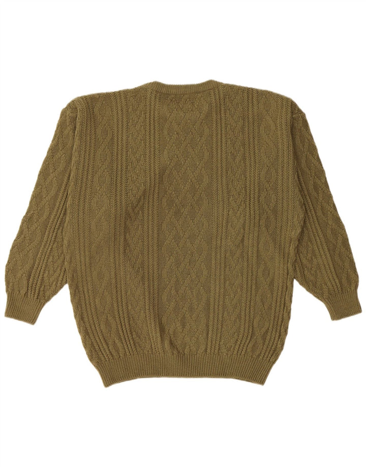 Vintage hombres cuello redondo jersey suéter grande caqui acrílico