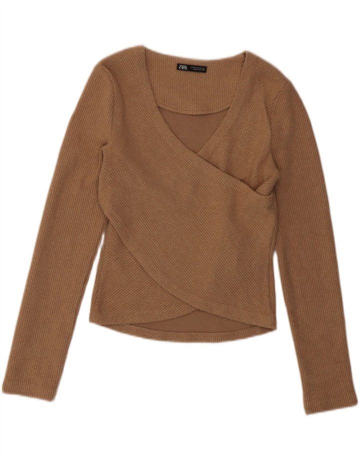 Zara Mujer Crop Top Manga Larga UK 8 Small Marrón Poliéster