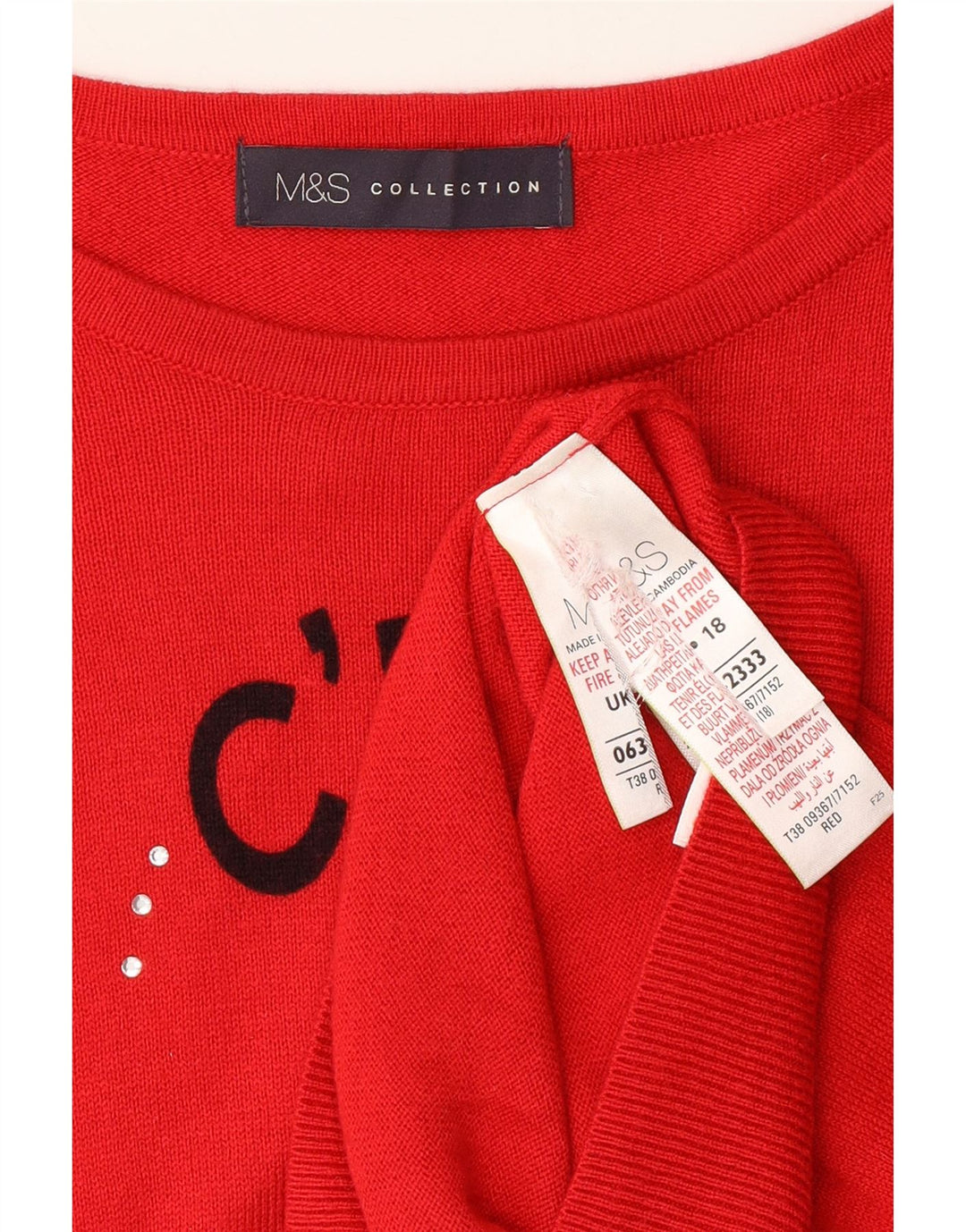 MARKS & SPENCER Suéter gráfico con cuello barco para mujer UK 40 XL Rojo
