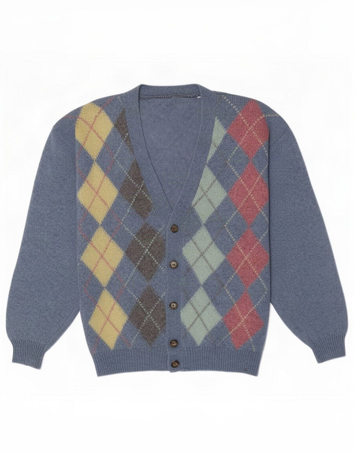 Vintage hombres Cardigan suéter grande azul Argyle/Diamante