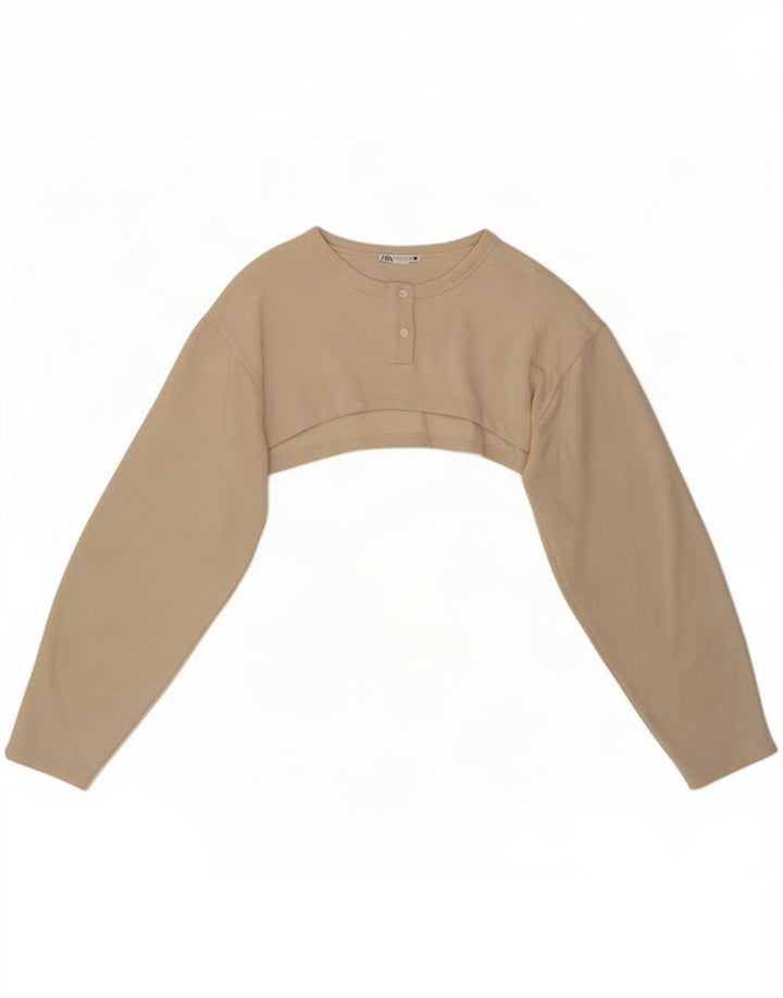 Zara Mujer Top Corto De Manga Larga UK 44 Medio Beige