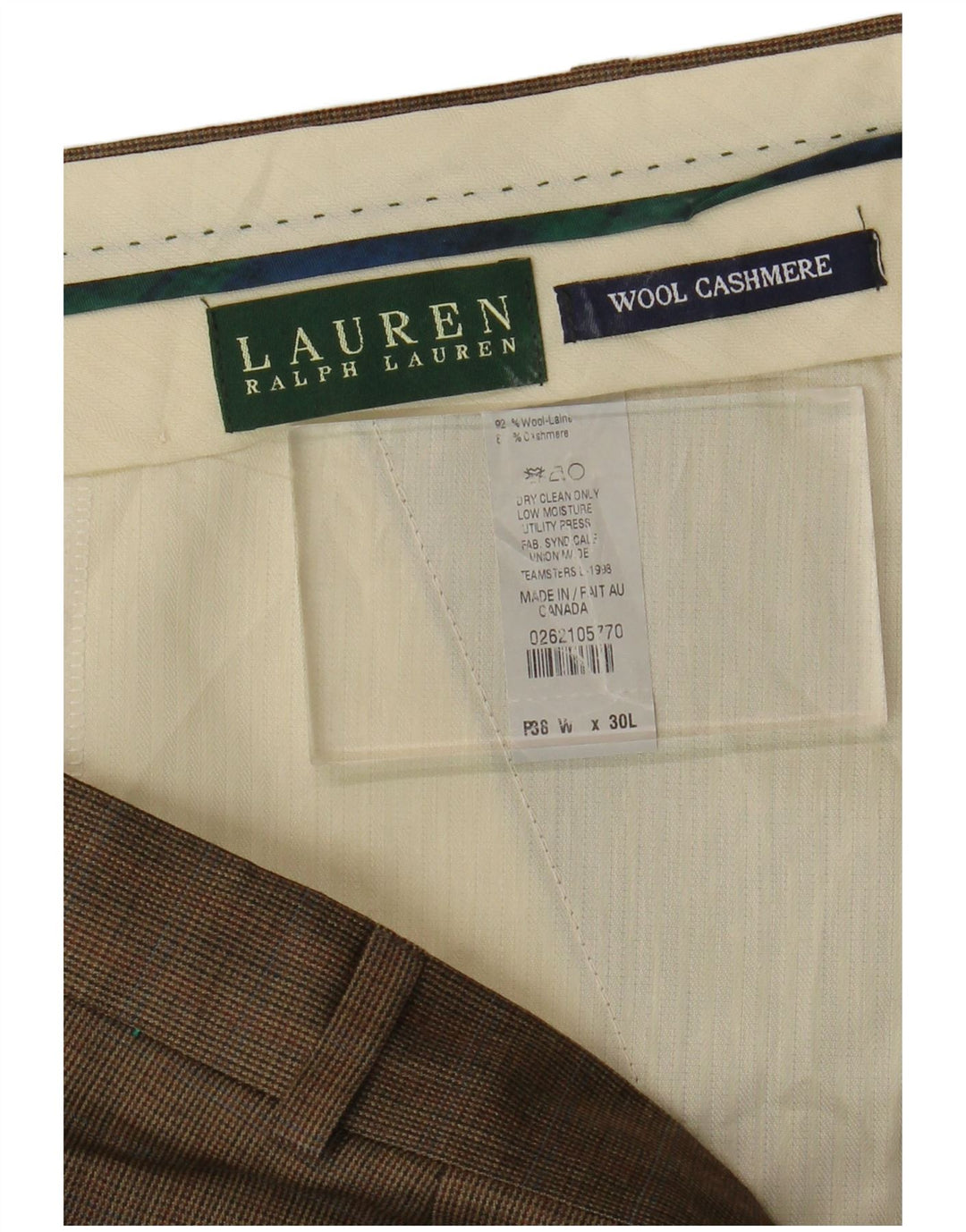 RALPH LAUREN Pantalón de traje con pinzas para hombre W38 L27 Lana de pata de gallo marrón